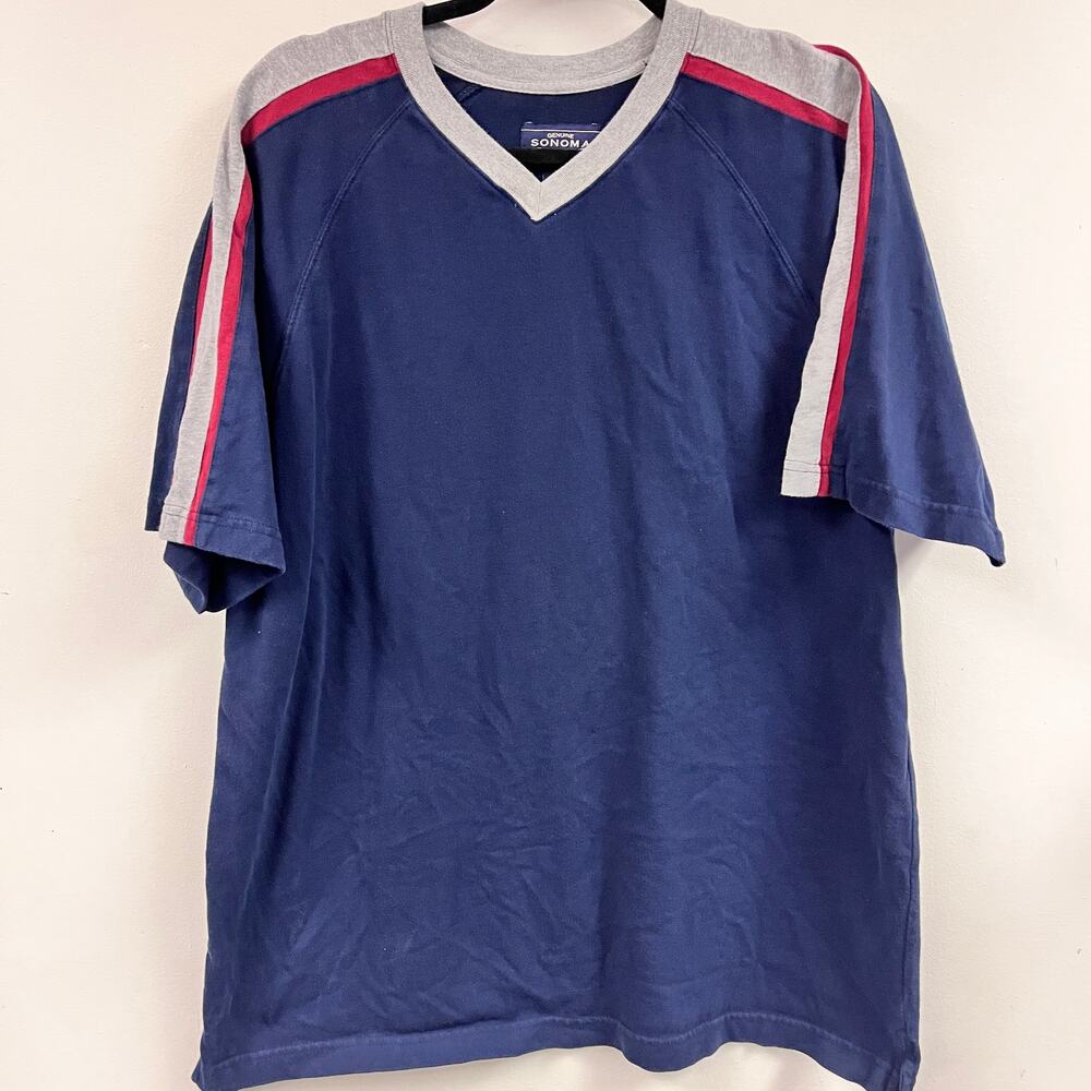 Men's 2000's Sonoma short sleeve V-neck tee athletic stripe blue red XL